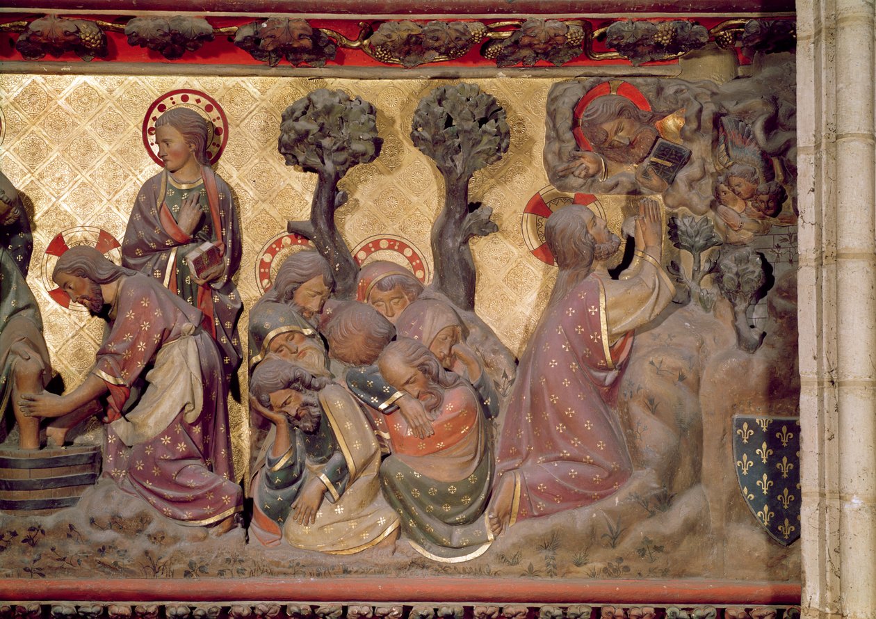 Fragment Chrystusa myjącego stopy Apostołom w ogrodzie oliwnym, 1340-51 malowany kamień autorstwa Jean and Jean Le Boutellier Ravy