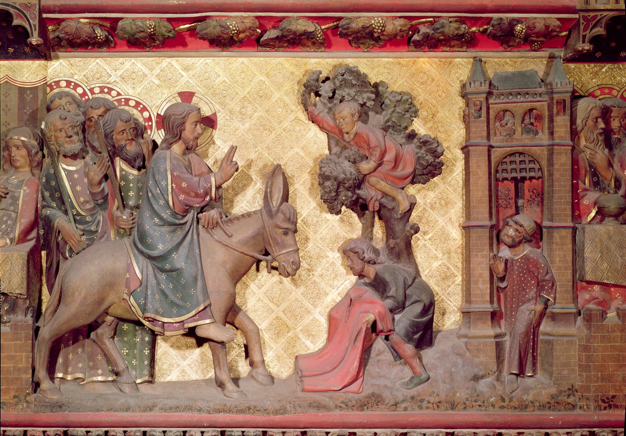 Fragment wejścia Chrystusa do Jerozolimy, 1340-51 kamień malowany autorstwa Jean and Jean Le Boutellier Ravy