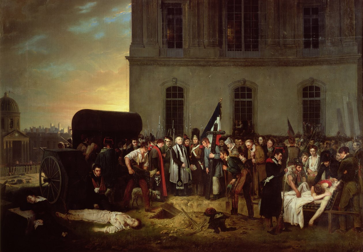 Pogrzeb ofiar rewolucji lipcowej przed kolumnadą Luwru, 30 lipca 1830 autorstwa Jean Alphonse Roehn