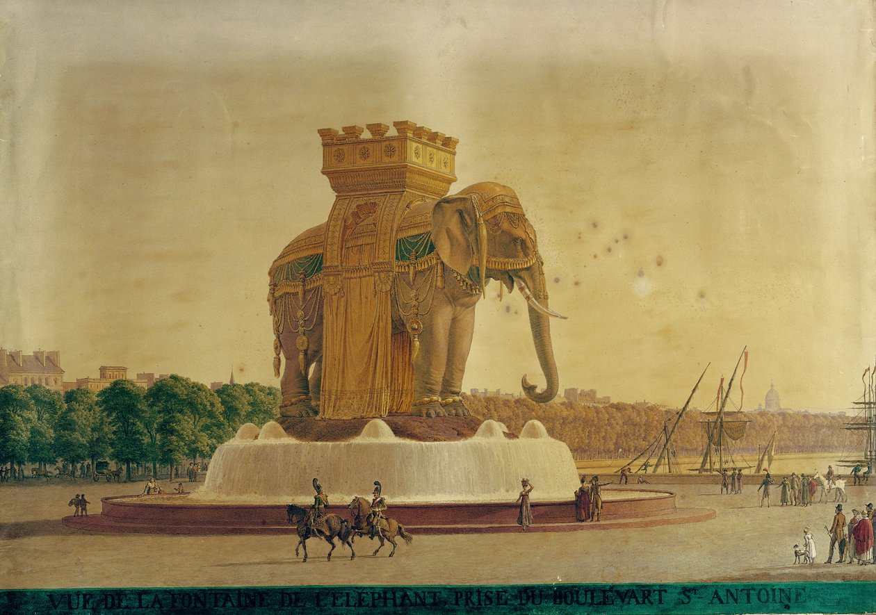 Widok Fontanny Słoni na Place de la Bastille, ok. 1805-1810 (wc na papierze) autorstwa Jean Antoine Alavoine