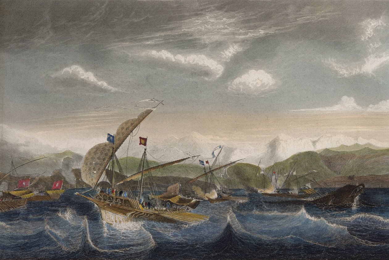 Andrea Doria rozpraszająca hiszpańską flotę przed ujściem Var w 1524 (kolorowe grawerowanie) autorstwa Jean Antoine Theodore Gudin