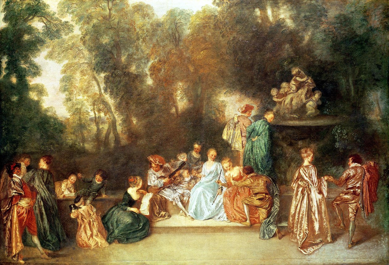 Fete galante z gitarzystą i rzeźbą puttów grających baranem, ok. 1717-19 autorstwa Jean Antoine Watteau