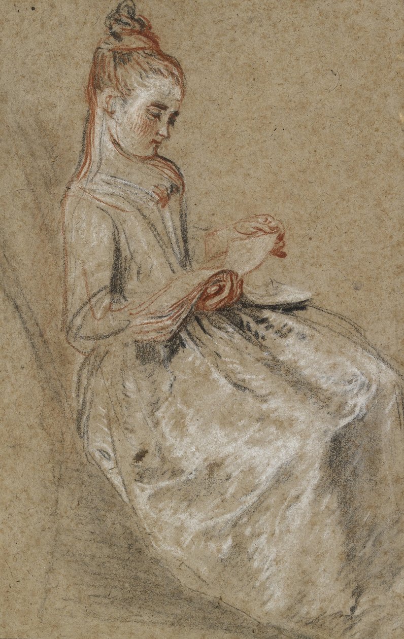 Dziewczyna siedząca z książką muzyczną na kolanach (czarna, czerwona i biała kreda na grubo fakturowanym brązowym papierze) autorstwa Jean Antoine Watteau
