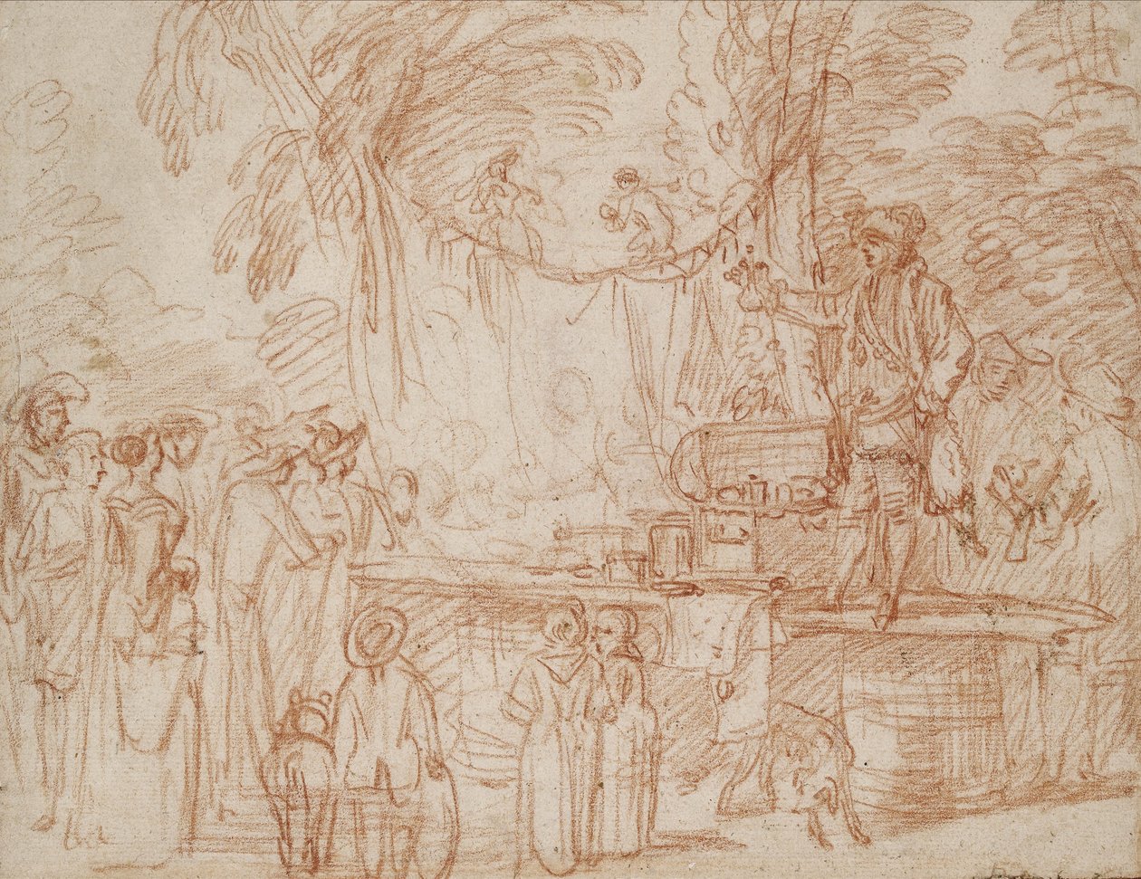 Odbytnica; Znachorowy sprzedający swoje towary na wolnym powietrzu (czerwona kreda na papierze) autorstwa Jean Antoine Watteau