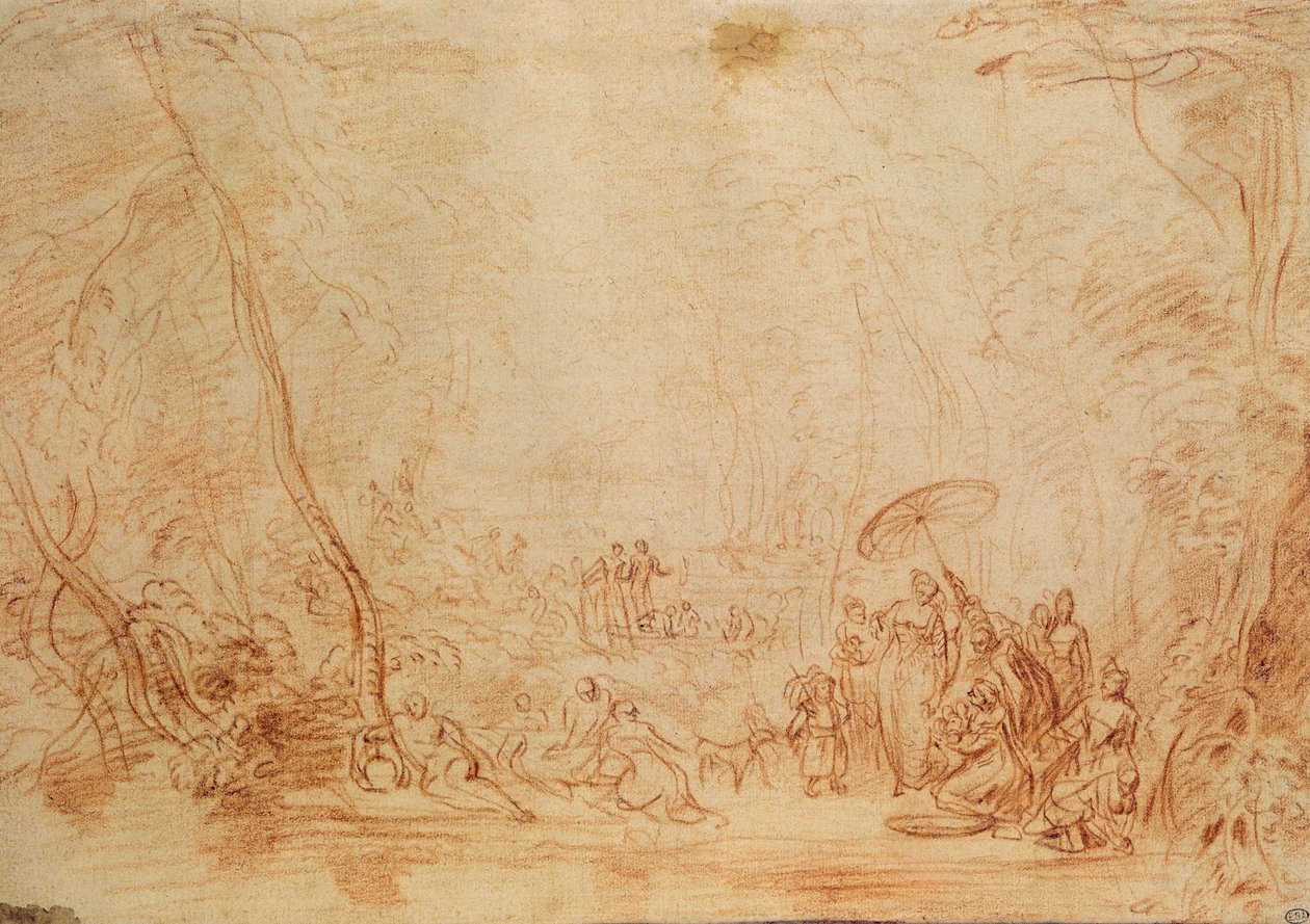 Uratowanie Mojżesza z wody (sangwina na papierze) autorstwa Jean Antoine Watteau