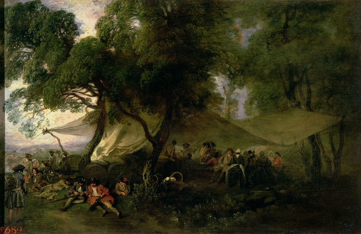 Wytchnienie od wojny, 1712-15 (olej na miedzi) autorstwa Jean Antoine Watteau