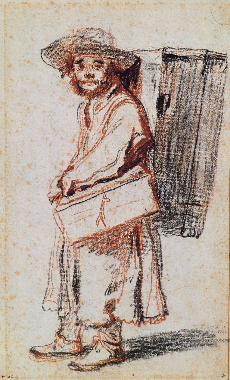 Studium Pedlara z Owernii (węgiel i czerwona kreda na papierze) autorstwa Jean Antoine Watteau