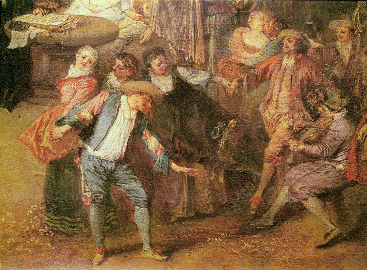 Intercyza i bal rustykalny, szczegół z tancerzami po prawej, ok. 1712-13 olej na płótnie autorstwa Jean Antoine Watteau