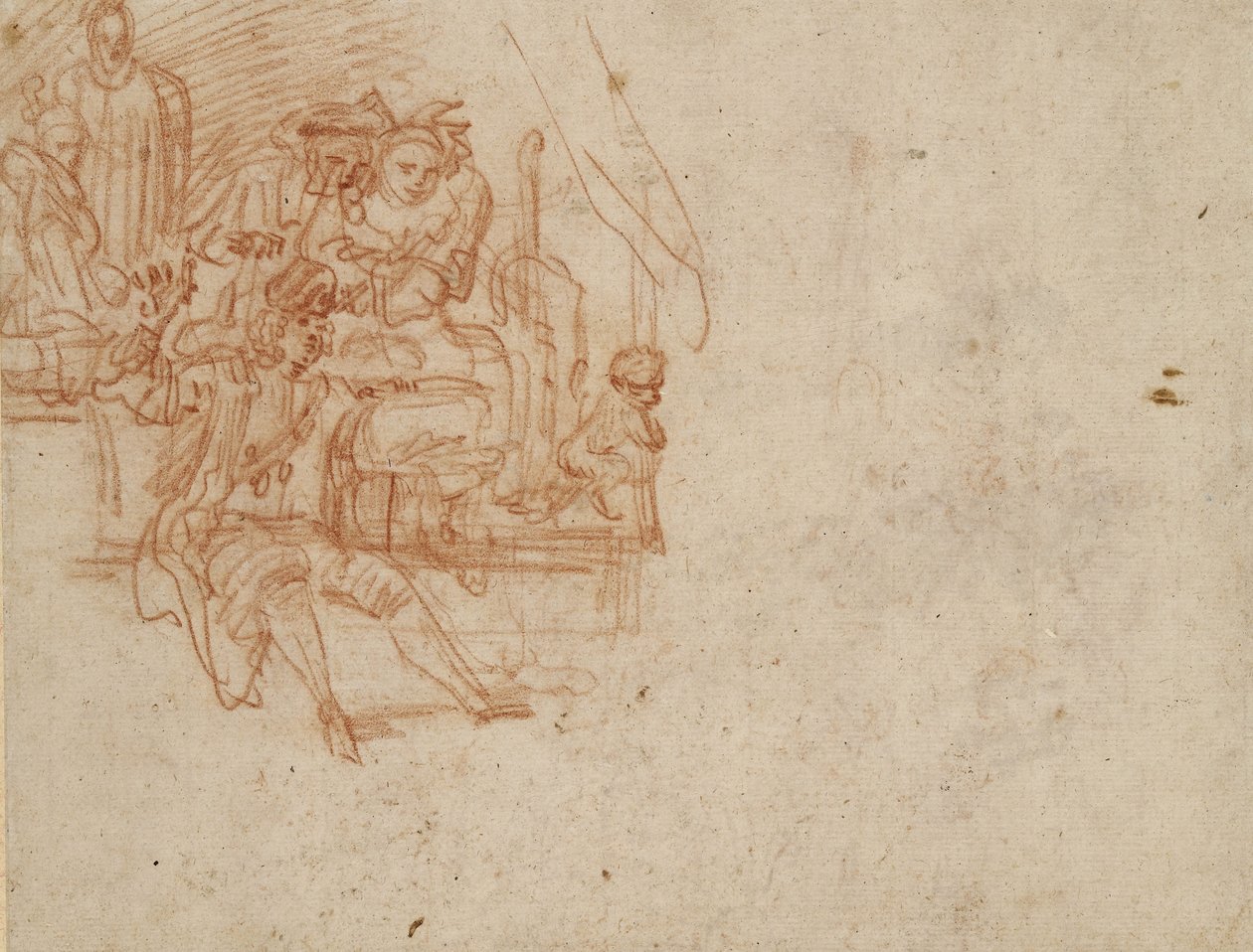 Verso; Znachor, siedzący na scenie, sprzedający swoje towary (czerwona kreda na papierze) autorstwa Jean Antoine Watteau
