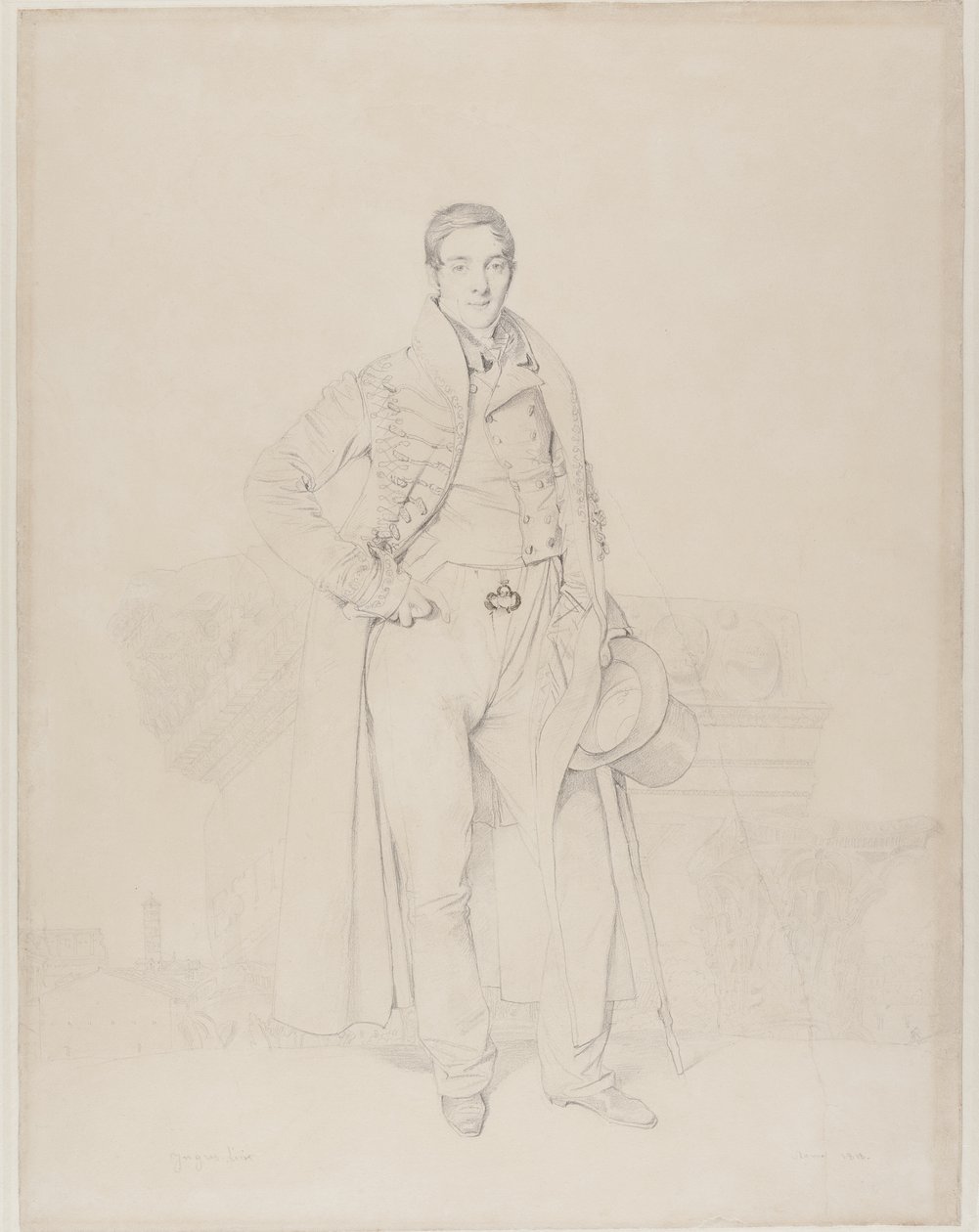 Portret architekta Alexandre Bénarda, pełnej długości, z fragmentami klasycznych kapitel, poza Forum Romanum, 1818 (grafit i kolor ciała na kremowym papierze) autorstwa Jean Auguste Dominique Ingres