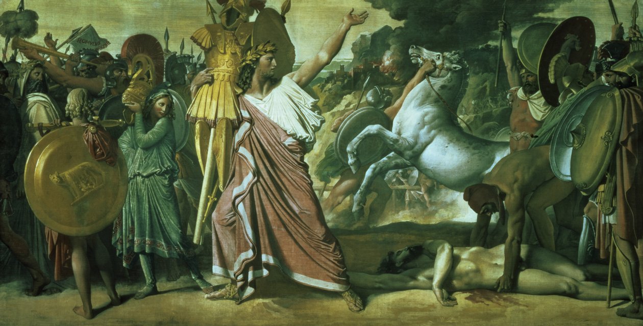 Romulus, zdobywca Acronu, zabierający swoje łupy do świątyni Jowisza, 1812 r. autorstwa Jean Auguste Dominique Ingres