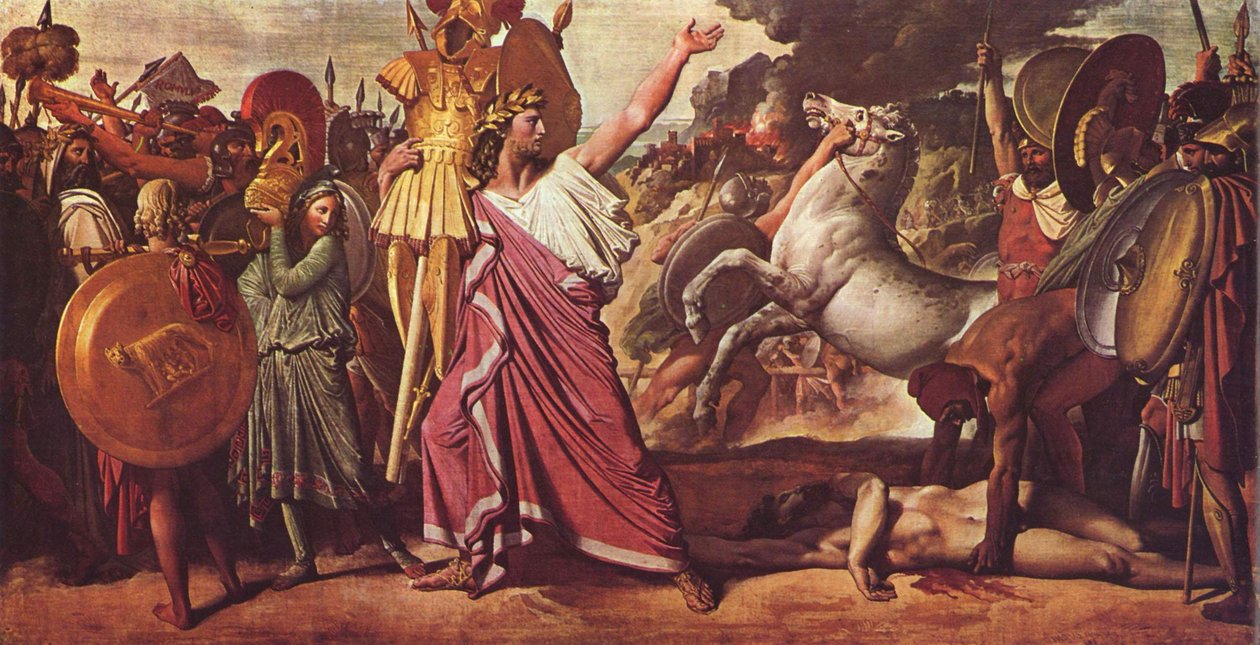 Romulus, zwycięzca Akronu, niesie bogaty łup do świątyni Zeusa autorstwa Jean Auguste Dominique Ingres