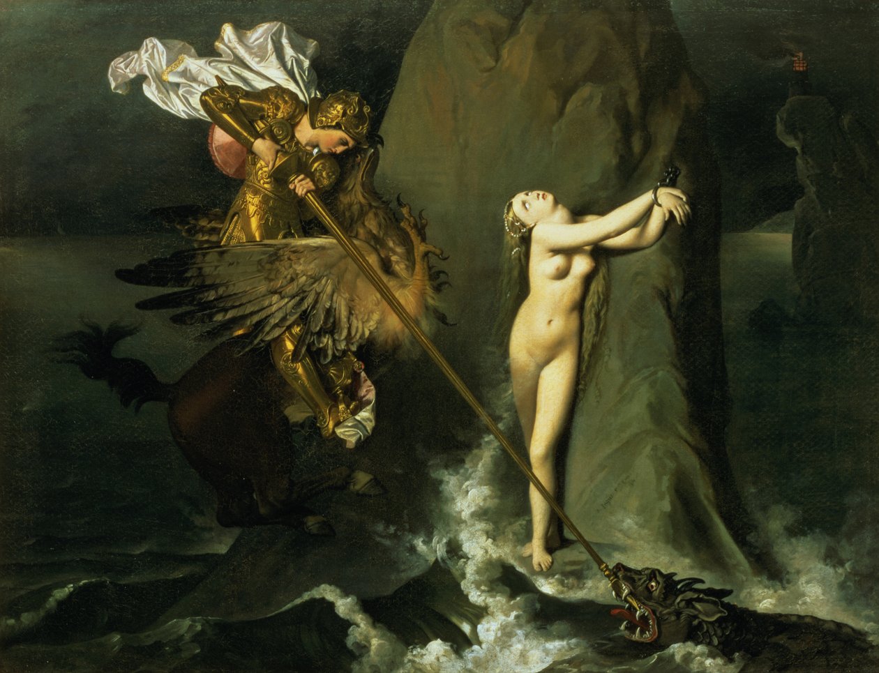 Ruggiero ratowanie Angeliki, 1819 autorstwa Jean Auguste Dominique Ingres