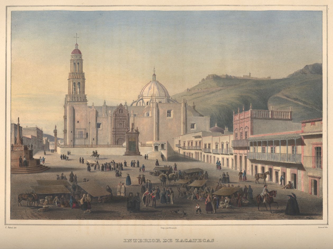 Interior de Zacatecas, widok na Zacatecas, Zacatecas. Litografia ręcznie kolorowana, podświetlana gumą arabską. autorstwa Jean Baptiste Arnout