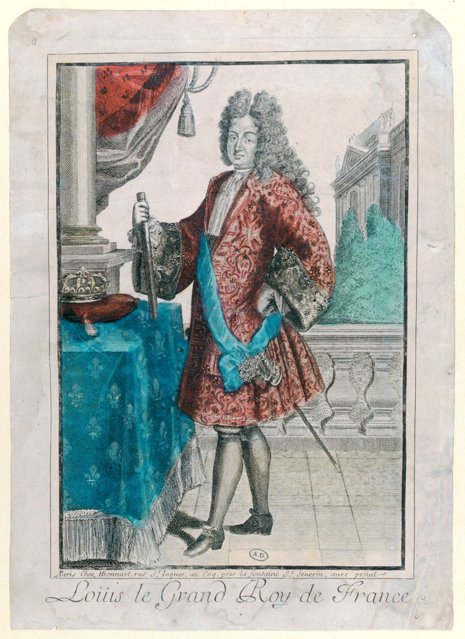 Ludwik XIV (1638-1715) król Francji, 1695 (rycina ręcznie kolorowana) autorstwa Jean Baptiste Bonnart
