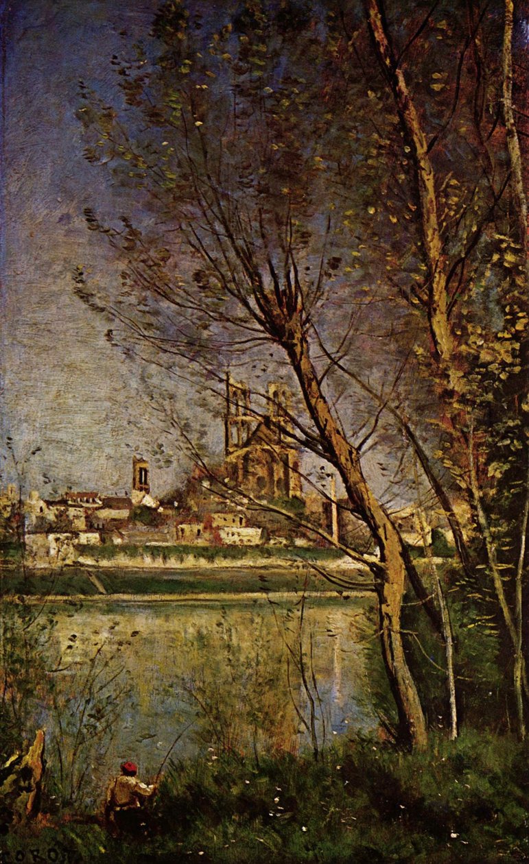 Katedra Mantes z Rybakiem autorstwa Jean Baptiste Camille Corot