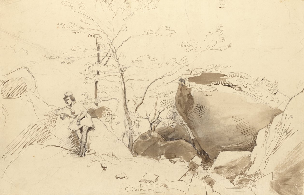Fontainebleau, Postać oparta o skałę autorstwa Jean Baptiste Camille Corot