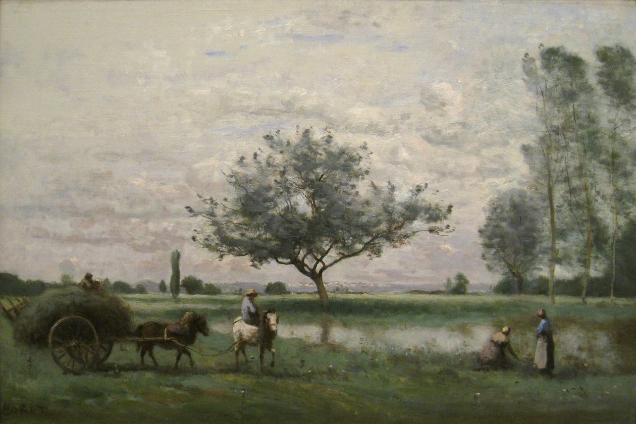 Wózek z sianem wzdłuż rzeki autorstwa Jean Baptiste Camille Corot
