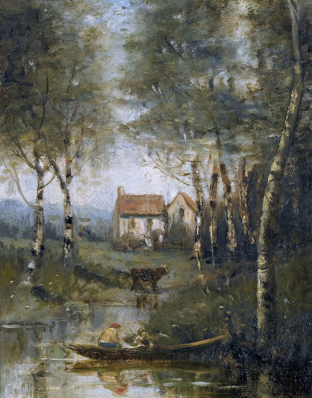 Rzeka łodzią i dom autorstwa Jean Baptiste Camille Corot