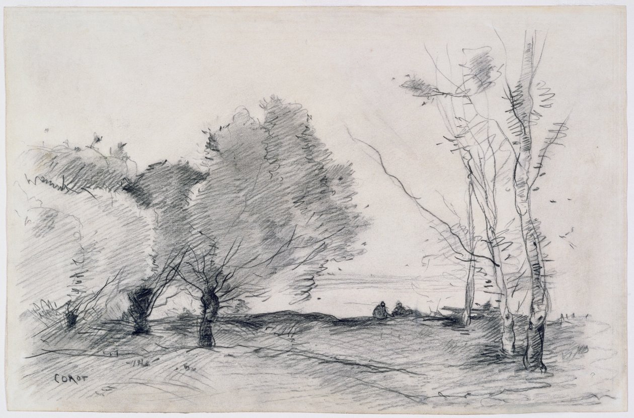 Pejzaż, 1860-68 (ołówek i kredka na papierze) autorstwa Jean Baptiste Camille Corot