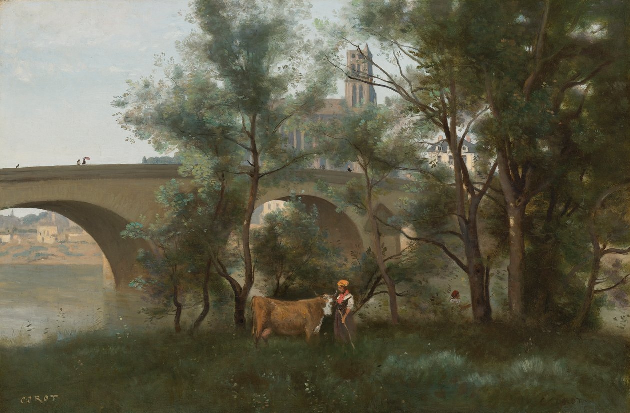 Mantes, brzegi Sekwany u podnóża mostu autorstwa Jean Baptiste Camille Corot