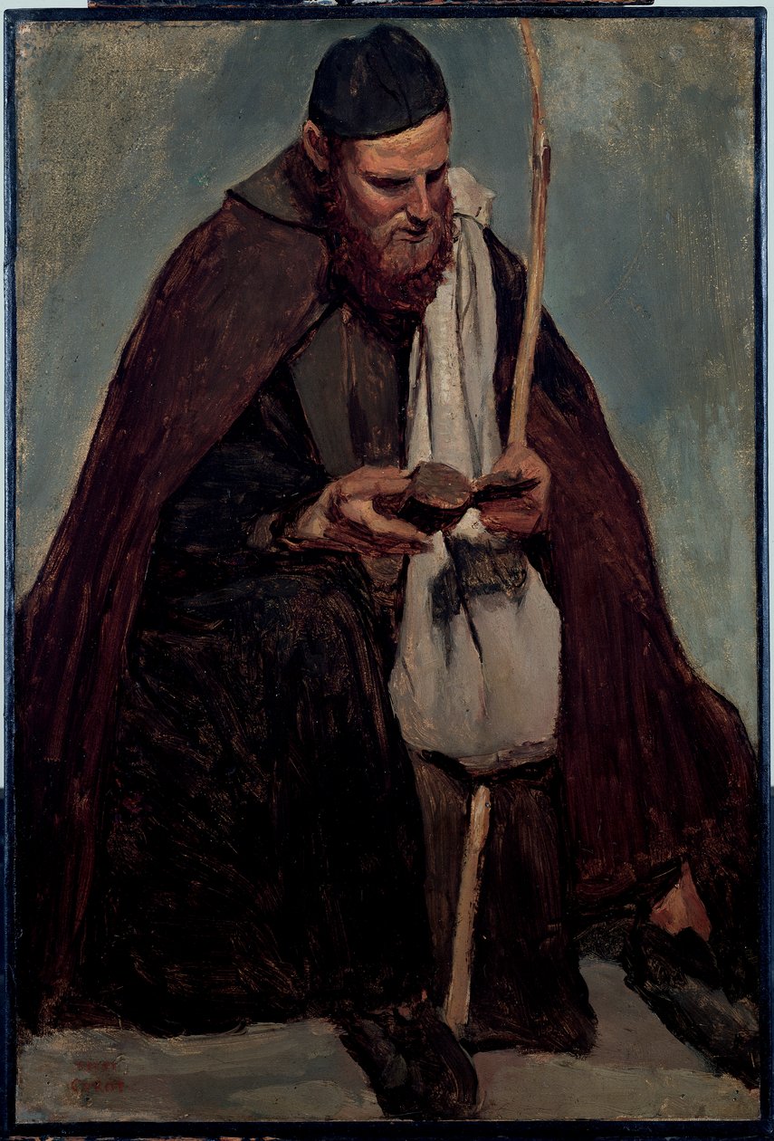 Włoski mnich siedzący, czytający autorstwa Jean Baptiste Camille Corot