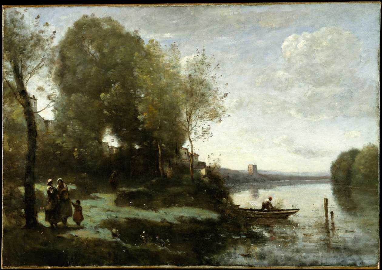 Rzeka z odległą wieżą autorstwa Jean Baptiste Camille Corot