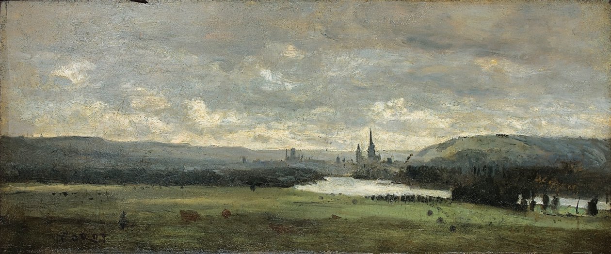 Rouen, na pierwszym planie panoramiczny widok na Sekwanę autorstwa Jean Baptiste Camille Corot