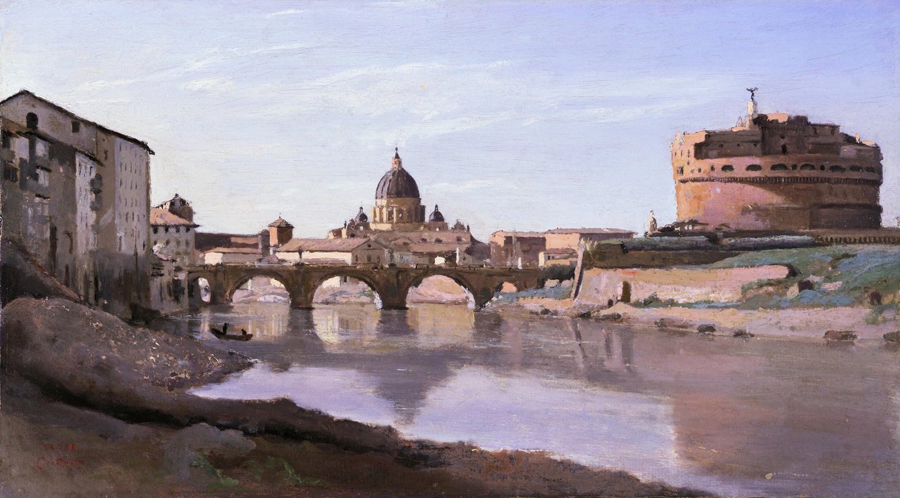 Most i Zamek Świętego Anioła z kopułą św. Piotra autorstwa Jean Baptiste Camille Corot