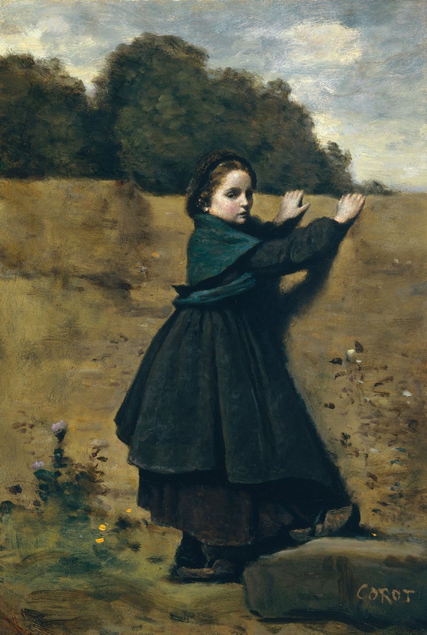 Ciekawska dziewczynka, 1860-64 (olej na tekturze, ułożony na drewnie) autorstwa Jean Baptiste Camille Corot