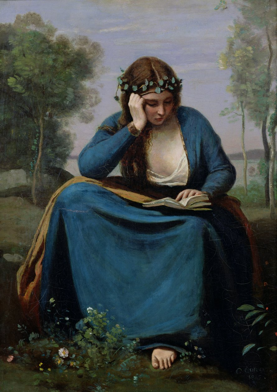 Czytelnik w koronie kwiatami, czyli muza Wergiliusza, 1845 autorstwa Jean Baptiste Camille Corot