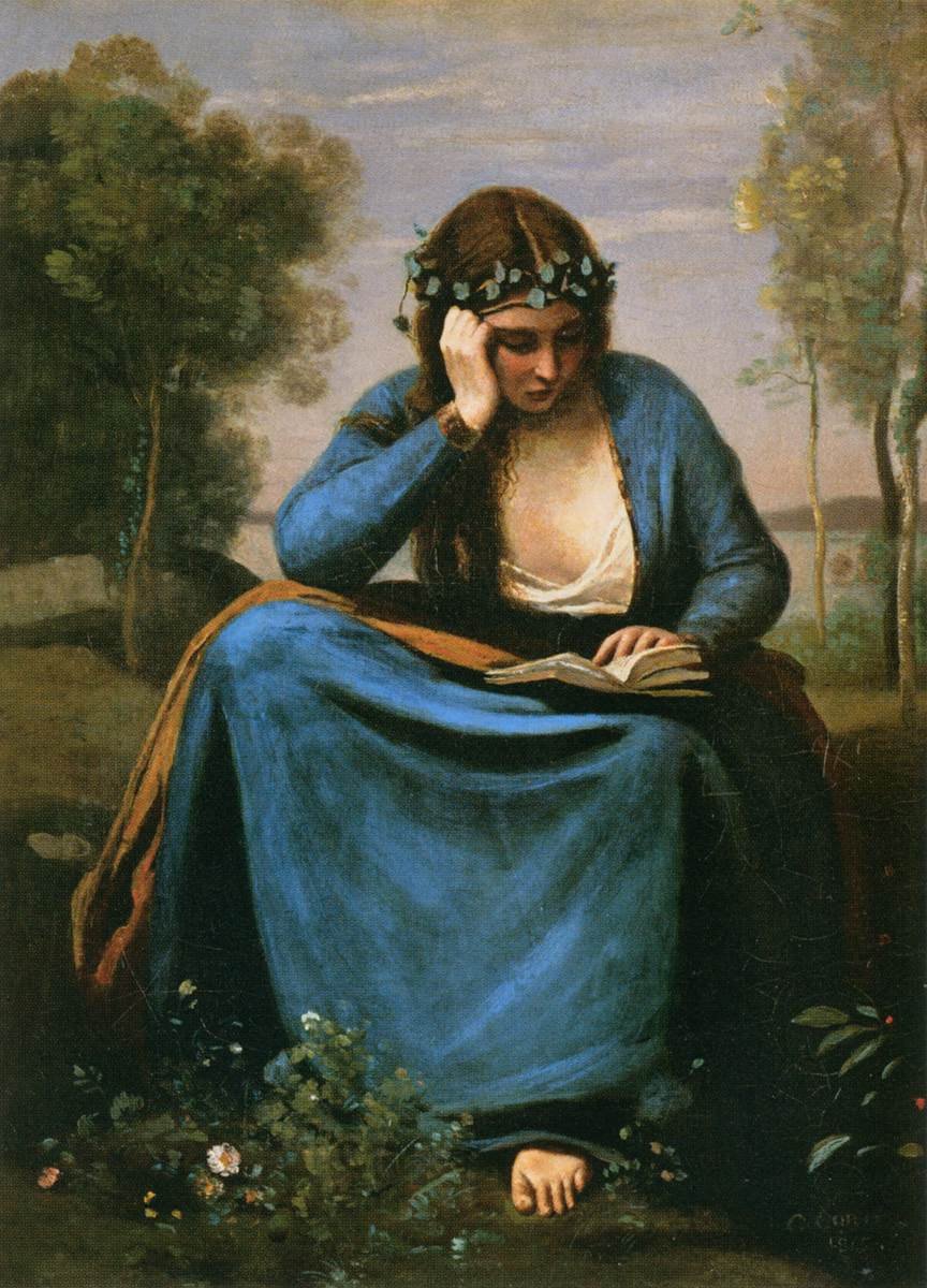 Czytelniczka ozdobiona kwiatami autorstwa Jean Baptiste Camille Corot