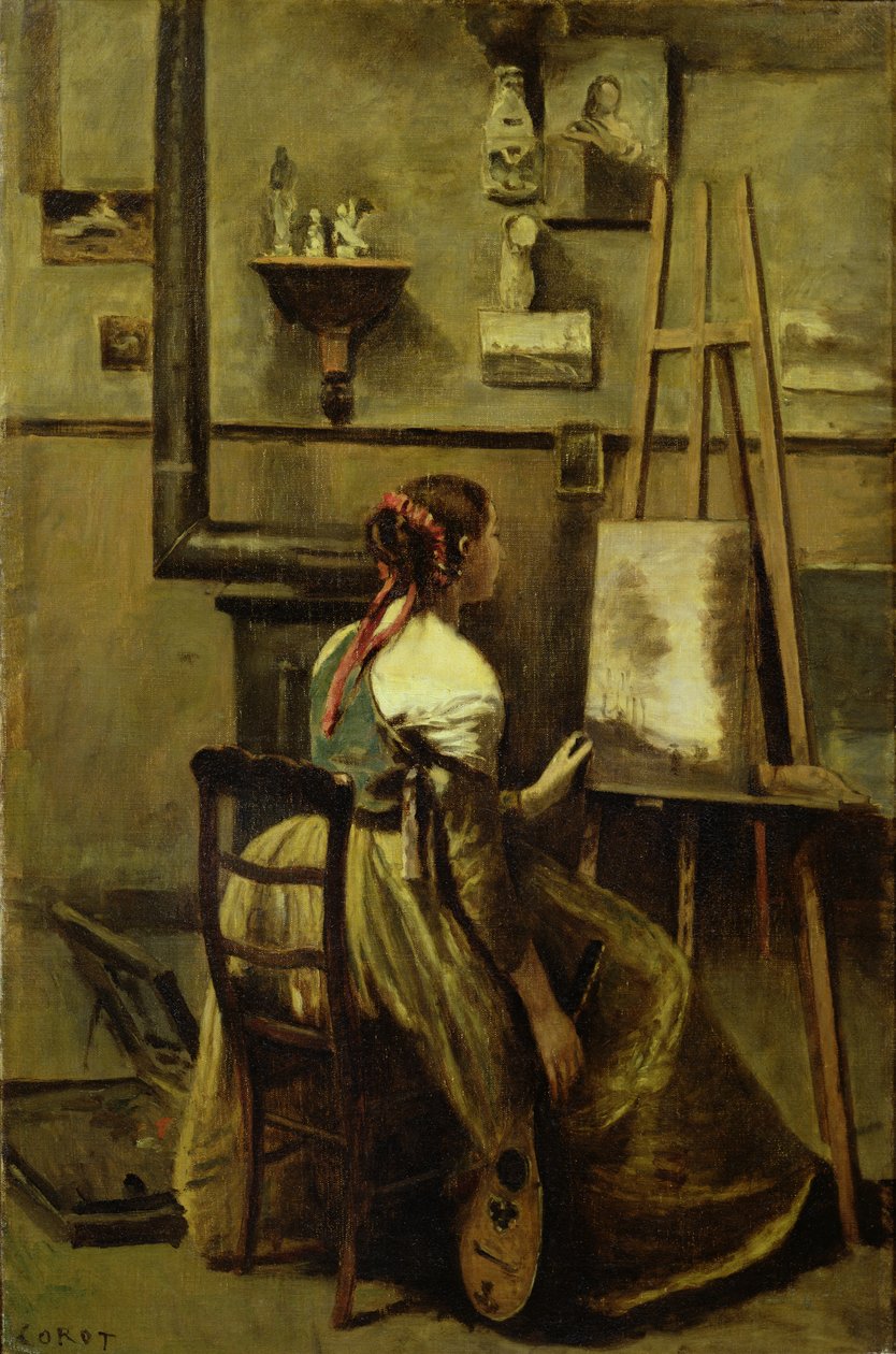 Studio Corota, czyli młoda kobieta siedząca przed sztalugą, 1868-70 autorstwa Jean Baptiste Camille Corot