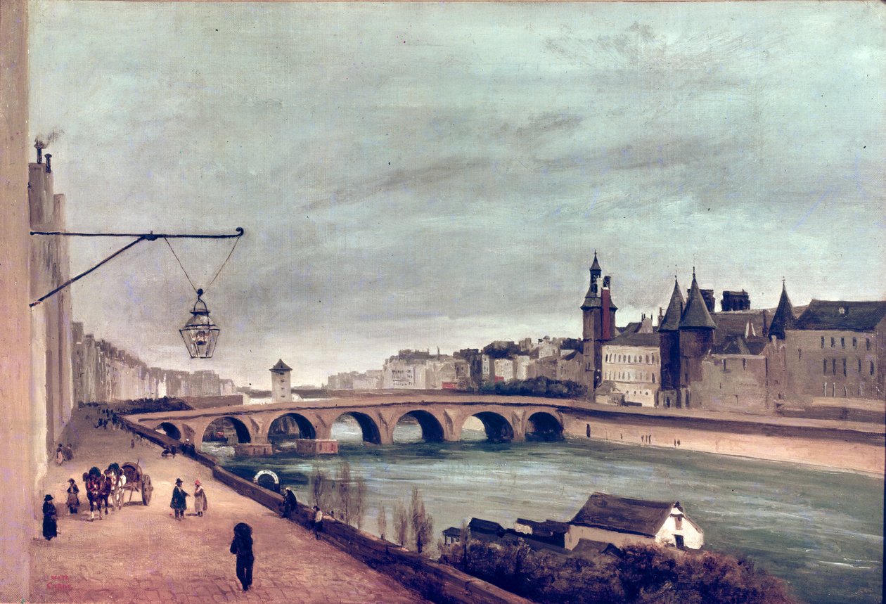 Widok na Pont au Change z Quai de Gesvres, lato 1830 r. autorstwa Jean Baptiste Camille Corot