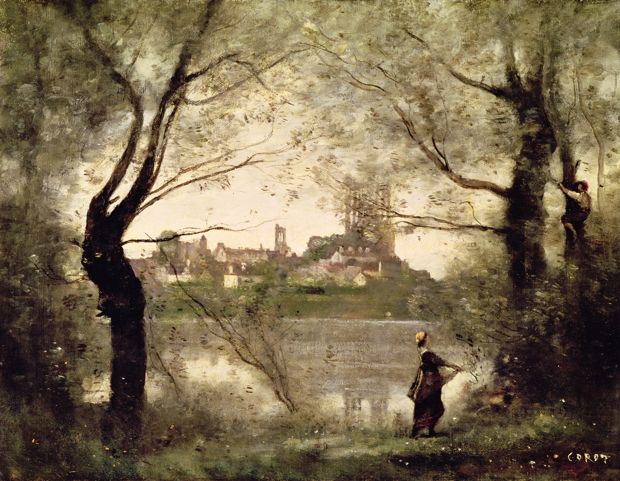 Widok na miasto i katedrę Mantes przez drzewa, wieczór autorstwa Jean Baptiste Camille Corot