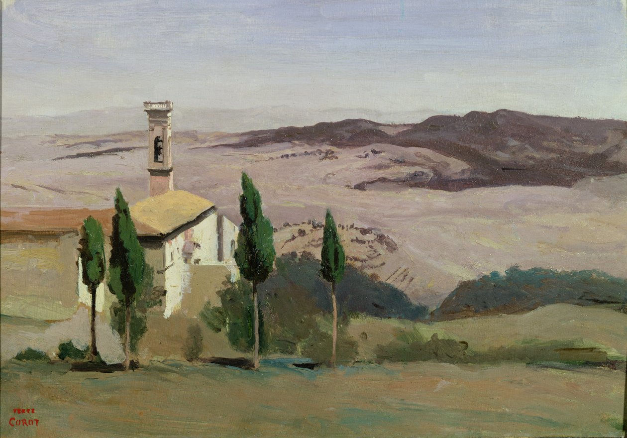 Volterra, kościół i dzwonnica, 1834 autorstwa Jean Baptiste Camille Corot
