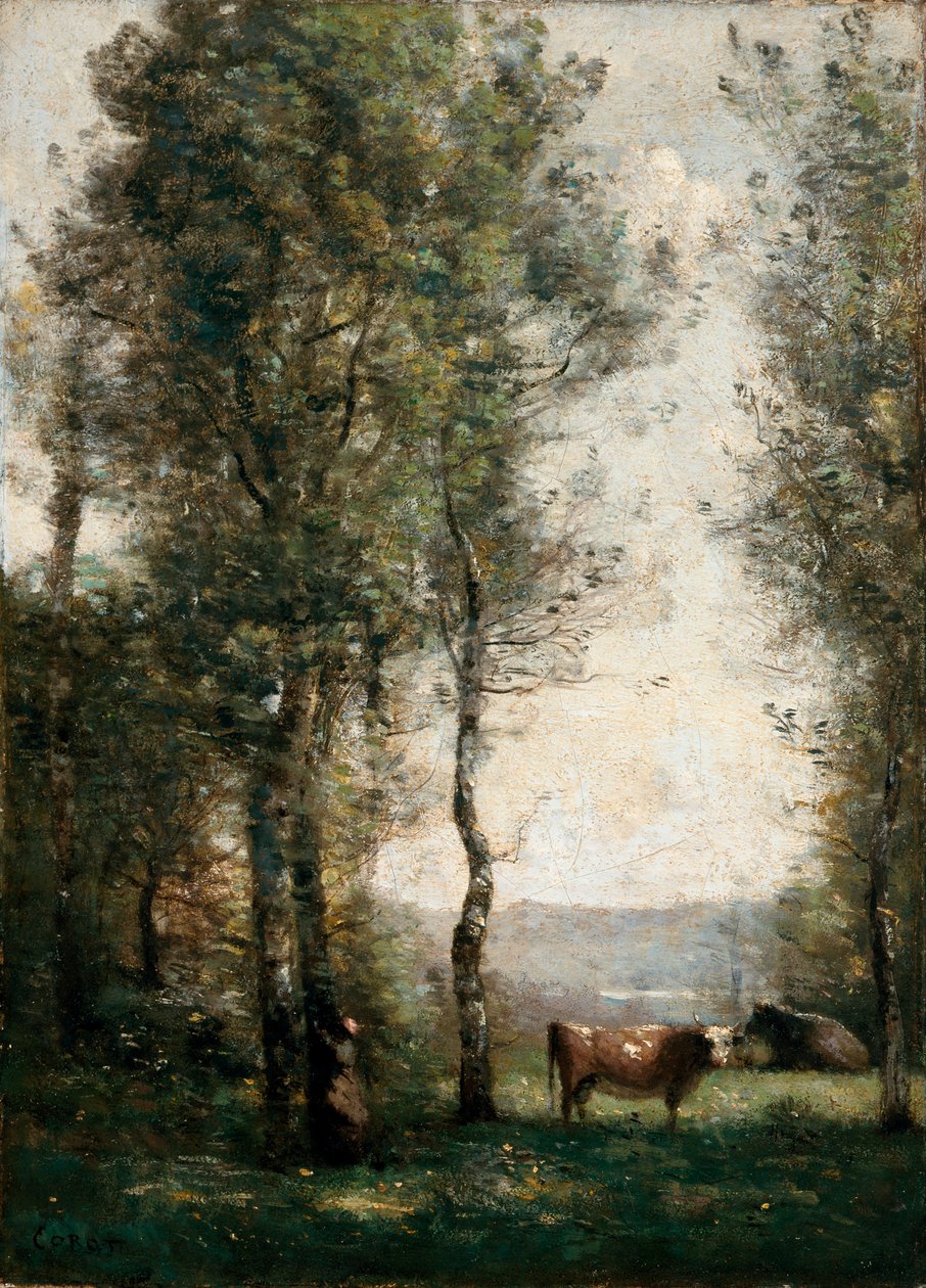 Zalesiony krajobraz z krowami na polanie autorstwa Jean Baptiste Camille Corot