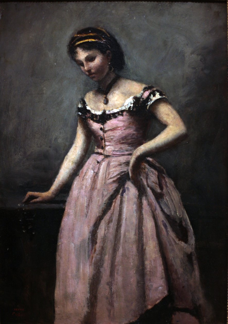 Młoda kobieta w różowej sukience autorstwa Jean Baptiste Camille Corot