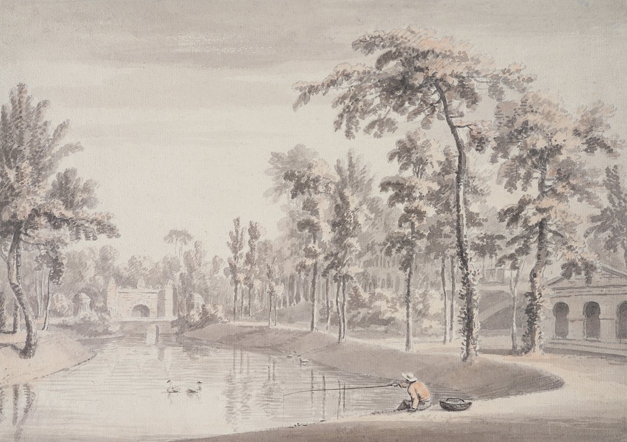 Grota i Świątynia Kontemplacji, Stowe, 1752 (pióro i atrament z zamazaniem grafitem na papierze) autorstwa Jean Baptiste Claude Chatelain