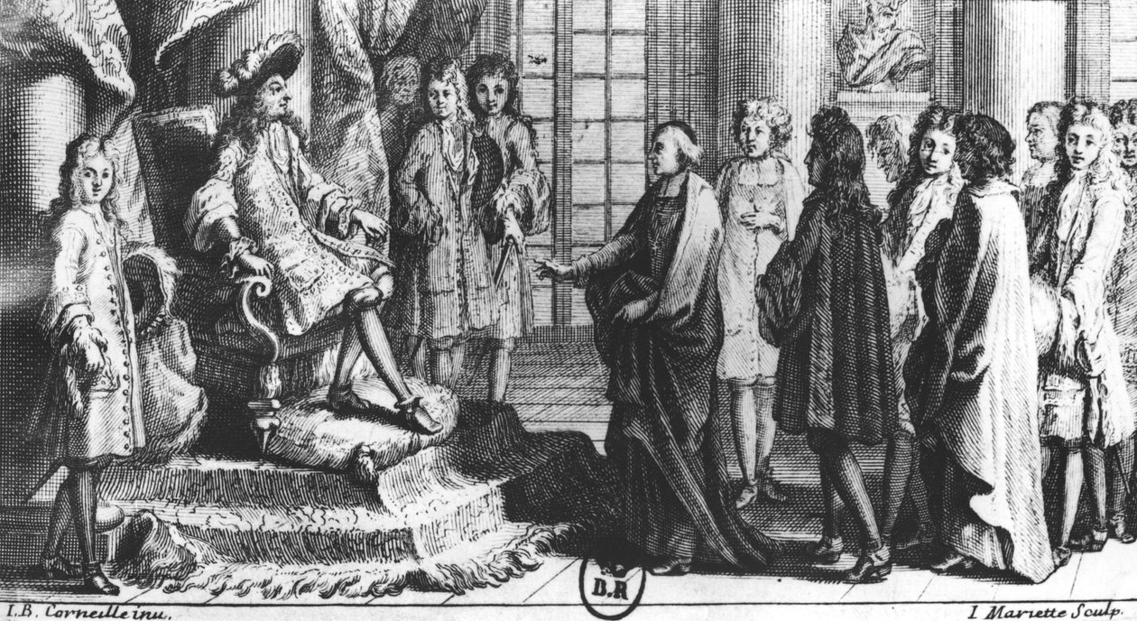 Członkowie Akademii Francuskiej prezentujący słownik Ludwikowi XIV (1638-1715) w 1694 r., sztychowany przez Jeana Mariette (1660-1742) autorstwa Jean Baptiste Corneille