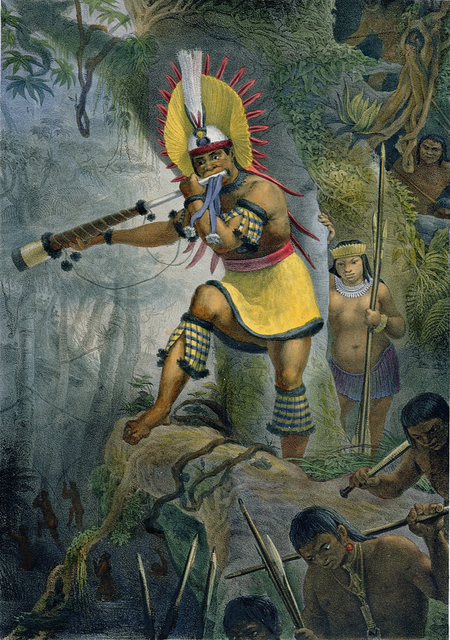 Indianin Coroado dający sygnał do ataku, ilustracja z „Voyage Pittoresque et Historique au Bresil” Jean-Baptiste Debreta (1768-1848), opublikowana w Paryżu, 1839 autorstwa Jean Baptiste Debret