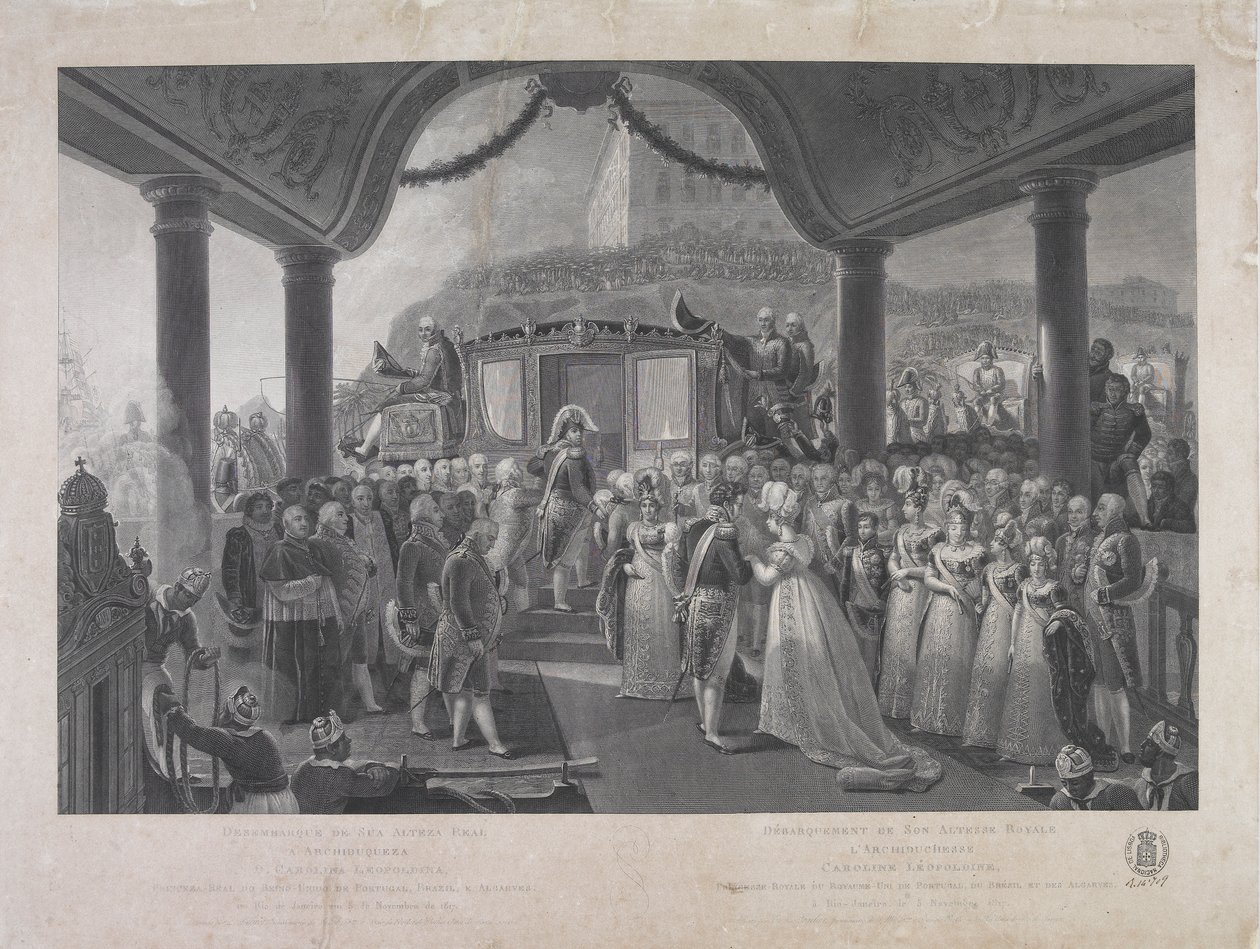 Lądowanie JKM Arcyksiężnej D. Karoliny Leopoldina, Księżnej Królewskiej Zjednoczonego Królestwa Portugalii, Brazylii i Algarves, w Rio de Janeiro w dniu 5 listopada 1817 r. autorstwa Jean Baptiste Debret