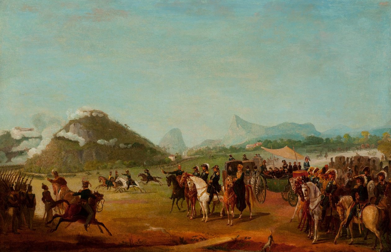 Przegląd wojsk zmierzających do Montevideo w Praia Grande autorstwa Jean Baptiste Debret