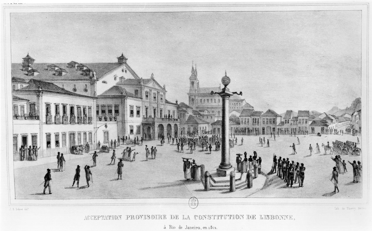 Tymczasowa akceptacja konstytucji lizbońskiej, Rio de Janeiro, 1821, ilustracja z „Voyage Pittoresque et Historique au Bresil”, Paryż, 1835 autorstwa Jean Baptiste Debret