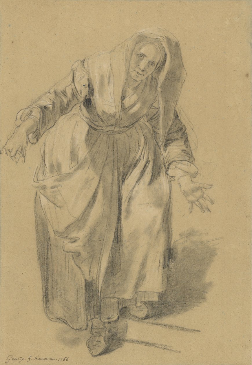 Stara kobieta z wyciągniętymi rękami (Studium do Gestu neapolitańskiego) autorstwa Jean Baptiste Greuze