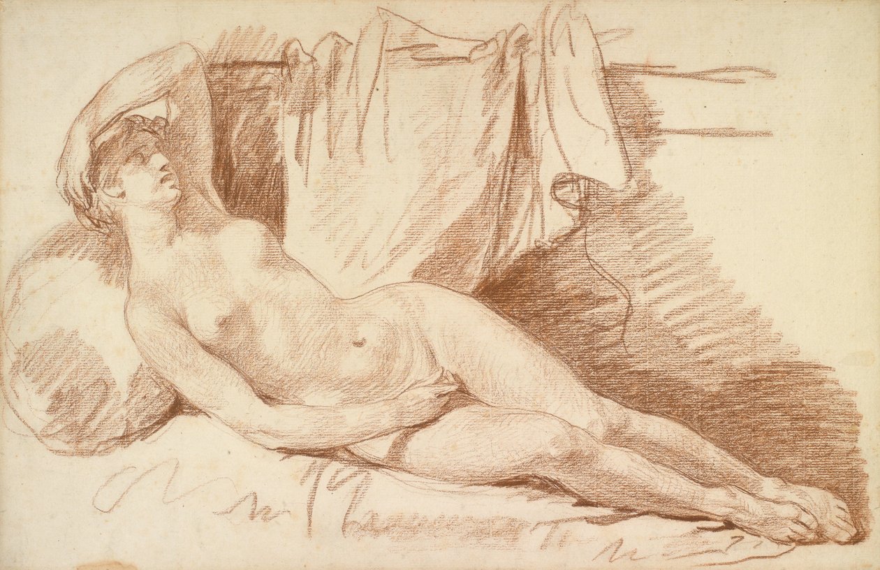 Akt kobiecy w pozycji leżącej: Studium do Eginy odwiedzonej przez Jowisza, ok. 1767 (czerwona kreda na papierze kładzionym) autorstwa Jean Baptiste Greuze