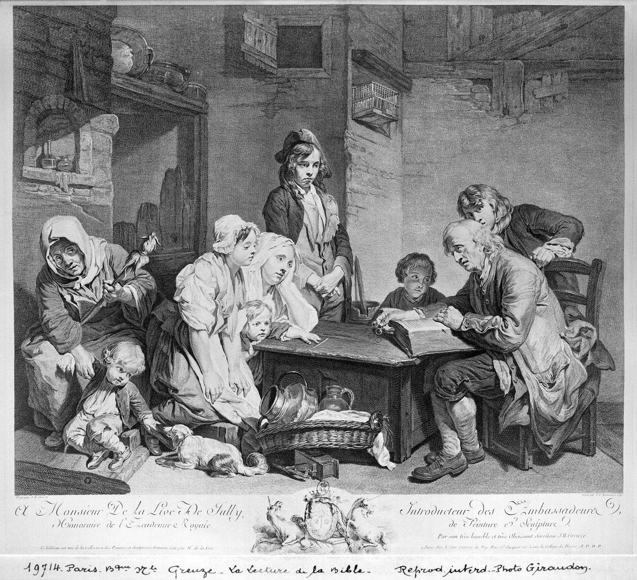 Czytanie Biblii rytowane przez Pietera Franciscusa Martenisie lub Martinasie (1729-89) 1759 autorstwa Jean Baptiste Greuze