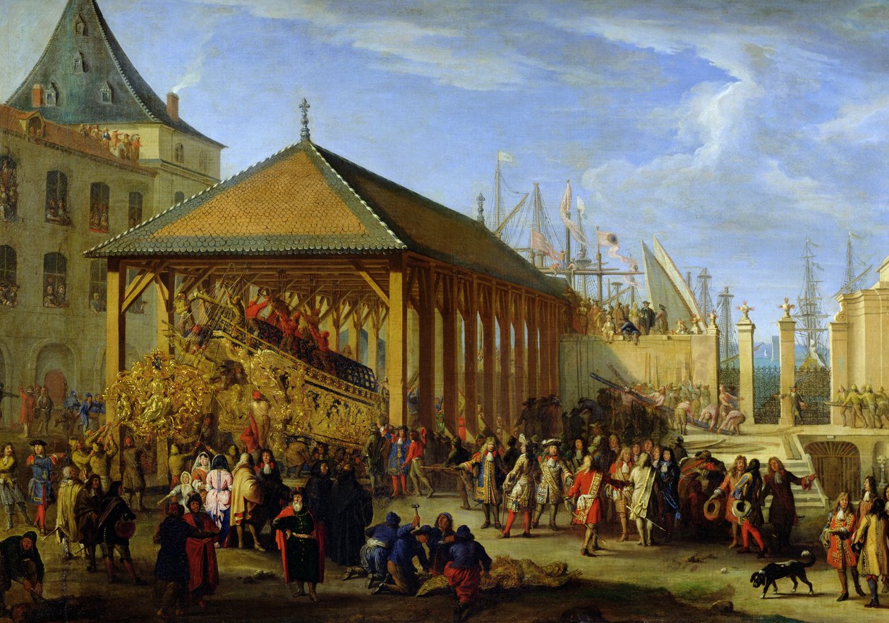 Jean-Baptiste Colbert (1651-90) markiz de Seignelay i Louis Victor de Rochechouart (1636-88) książę de Vivonne Zwiedzanie galeonu „Reale de France” w Arsenale Marsylii w 1669 r., ok. 1679 r. (olej autorstwa Jean Baptiste I de La Rose