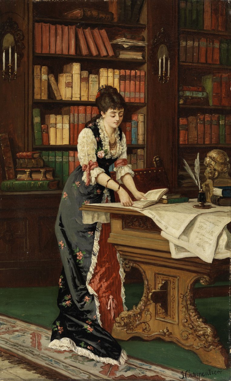 Młoda kobieta czyta w pokoju biblioteki autorstwa Jean Baptiste II Charpentier