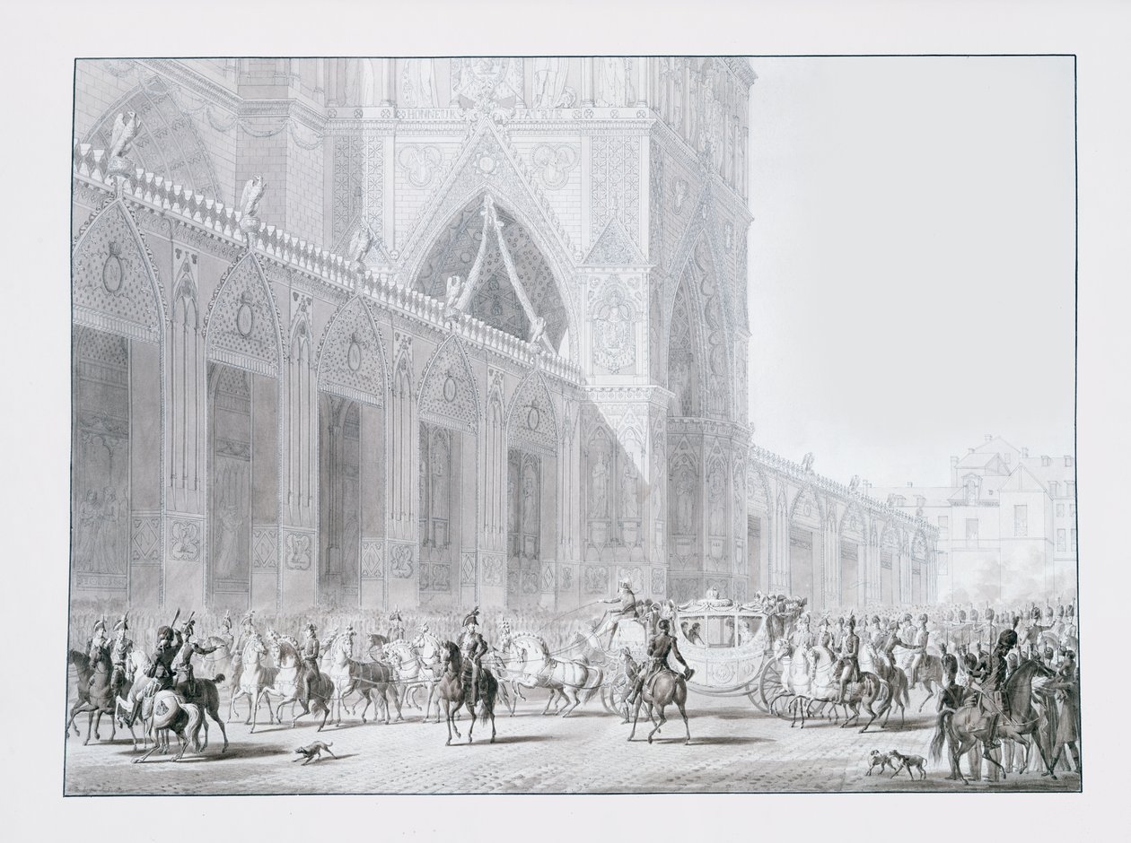 Przybycie do katedry Notre-Dame w Paryżu cesarza Napoleona I i cesarzowej Józefiny na koronację 2 grudnia 1804 r., ilustracja z 